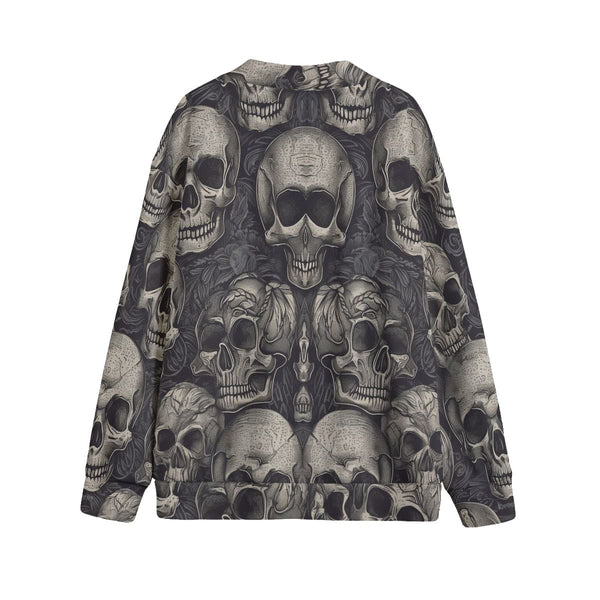Skulls Print V-neck Knitted Fleece Cardigan With Button Closure