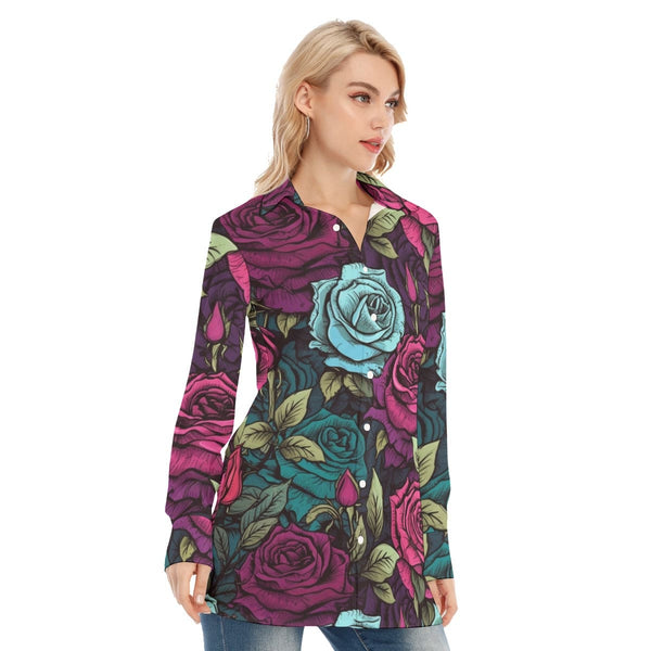 Women's Gothic Pink Blue Floral Long SLeeve Long Blouse