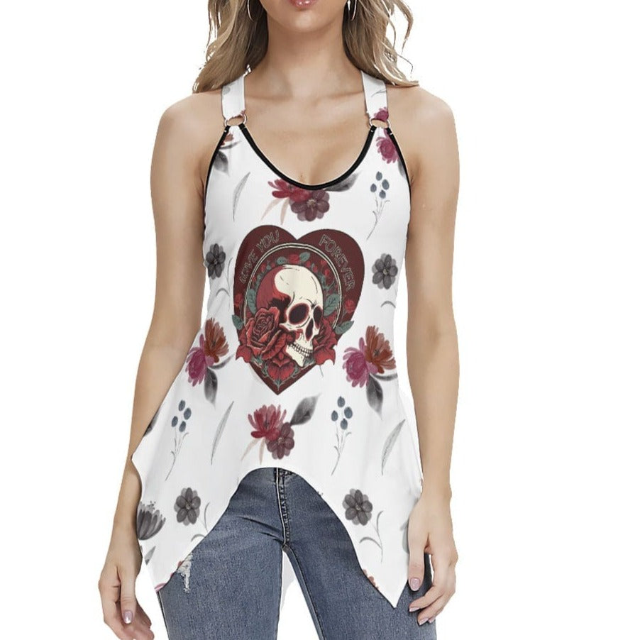 Women's Red Floral Love You Forever Skull Heart Racing Tank Top With Irregular Hem