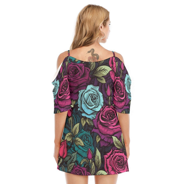 Women's Gothic Pink & Blue Flowers Off-shoulder Dress