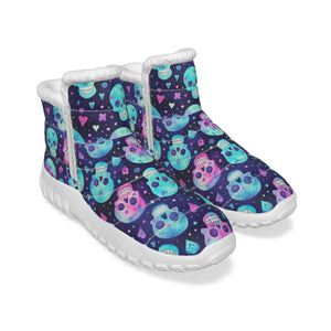 Women's Dark Blue Pink Blue Skulls Zip-up Snow Boots