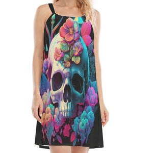 Women's Bright Color Skull & Flowers O-neck Cami Dress