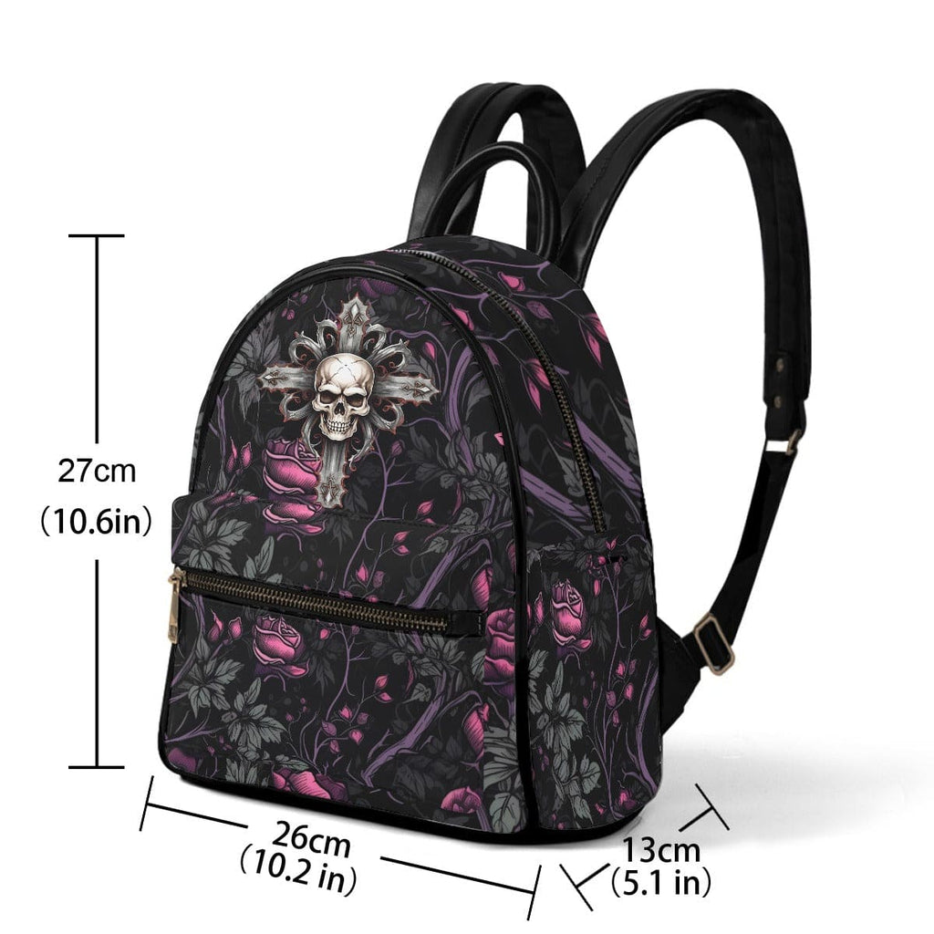 black leather backpack with roses Gothic Pink Roses And Vines Skull Cross Small Size Backpack – Everything Skull Clothing Merchandise and Accessories