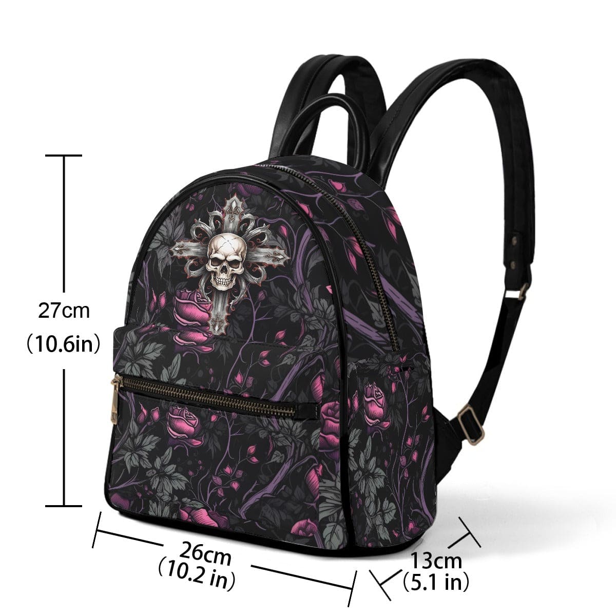 gothic mini backpack 20 usd Gothic Pink Roses And Vines Skull Cross Small Size Backpack