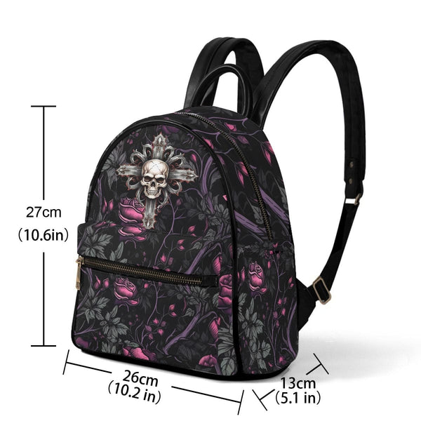 Gothic Pink Roses And Vines Skull Cross Small Size Backpack
