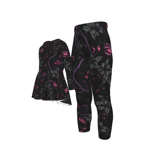 Kid's Gothic Pink Floral Vines Casual Top & Pants Set
