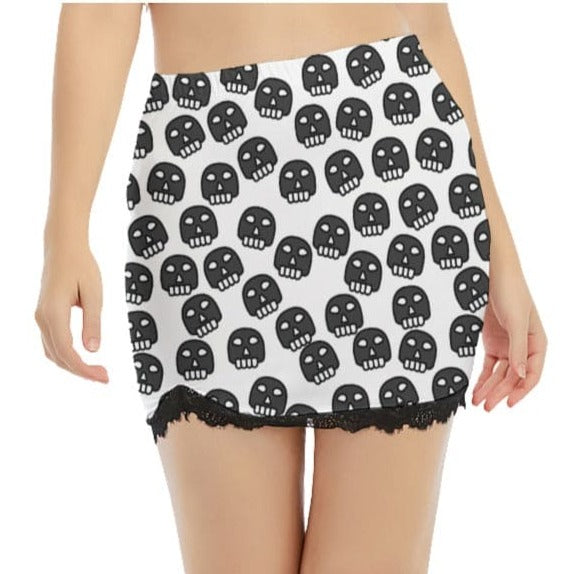 Women's Black Skulls Side Split Skirt With Black Lace Edge