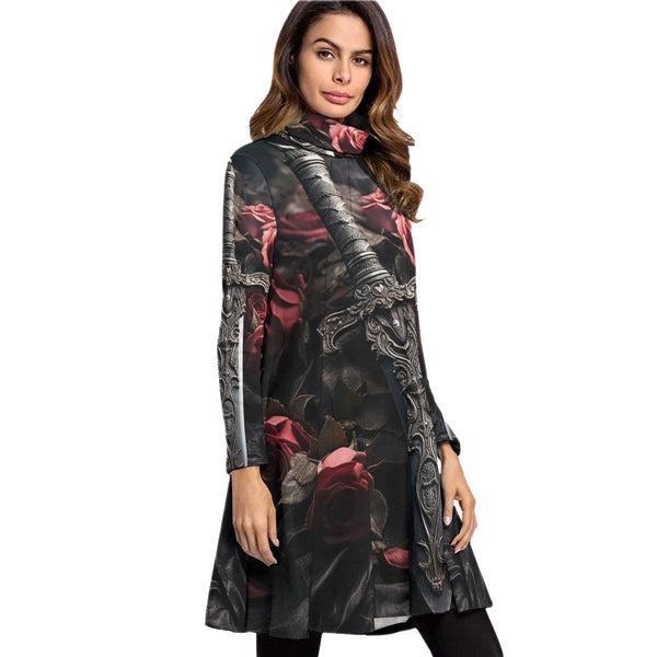 Women's Gothic Sword And Pink Roses High Neck Dress With Long Sleeve