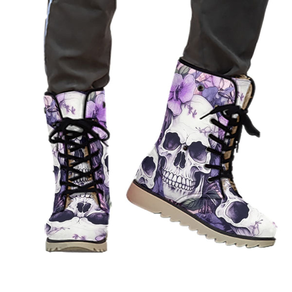 Women's Skulls With Purple Flowers Plush Boots