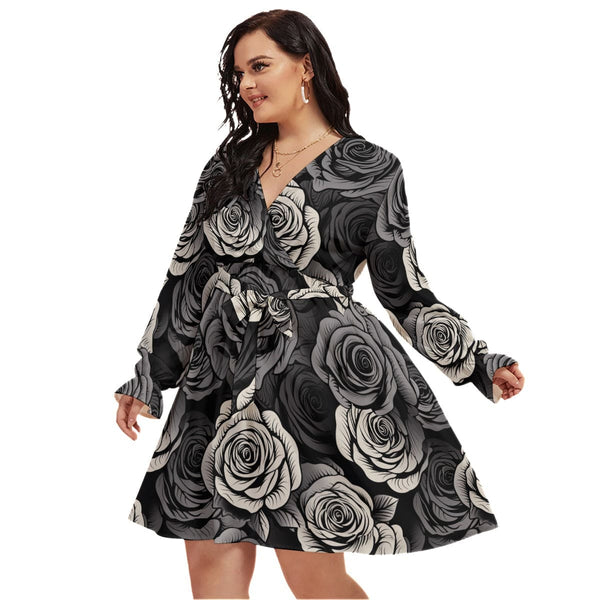 Women's Gothic Black Gray Roses V-neck Dress With Waistband Plus Size
