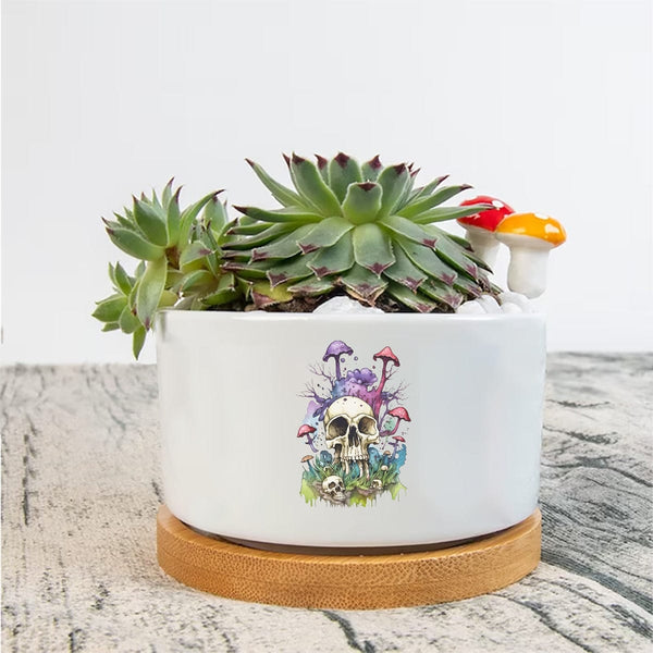 Skull Floral Mushrooms Single Side Printing Ceramic Flowerpot