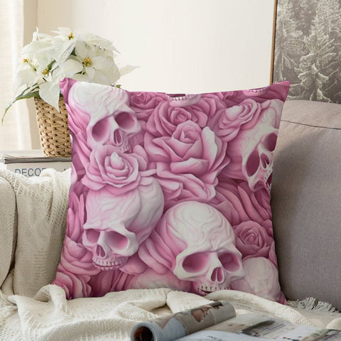Pink Skulls And Roses Couch Pillowcase