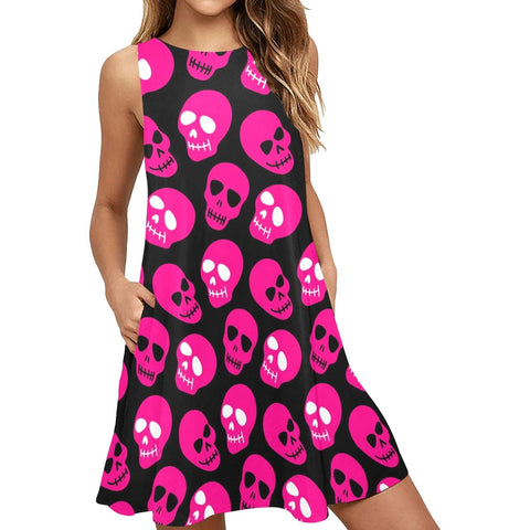 Pink Skulls Pattern Sleeveless A-Line Pocket Dress