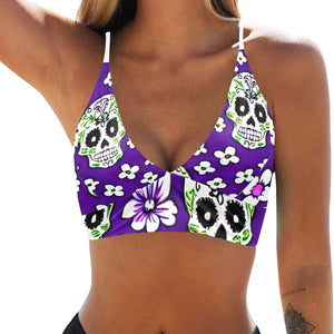 This Classic Bikini Top Features A Bold Combination Of Purple & White Floral Skulls