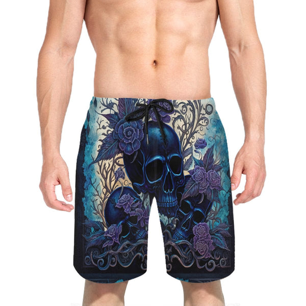 Men's Skull Blue Floral Comfortable Beach Shorts Mesh Lining