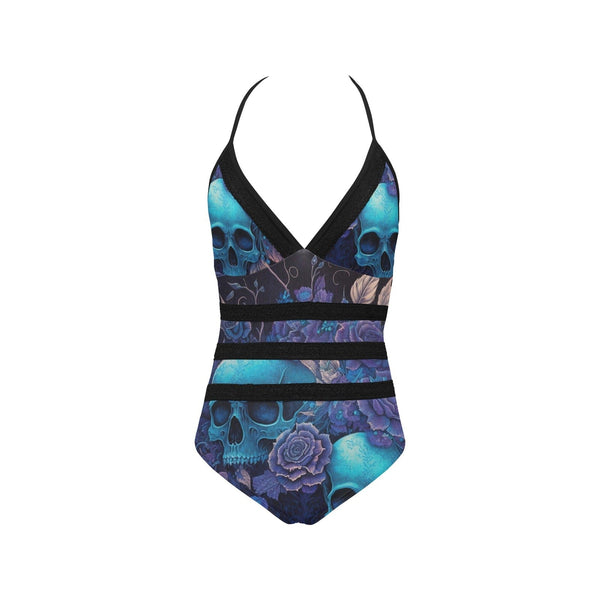Skulls Blue Floral One Piece Lace Band Embossing Swimsuit