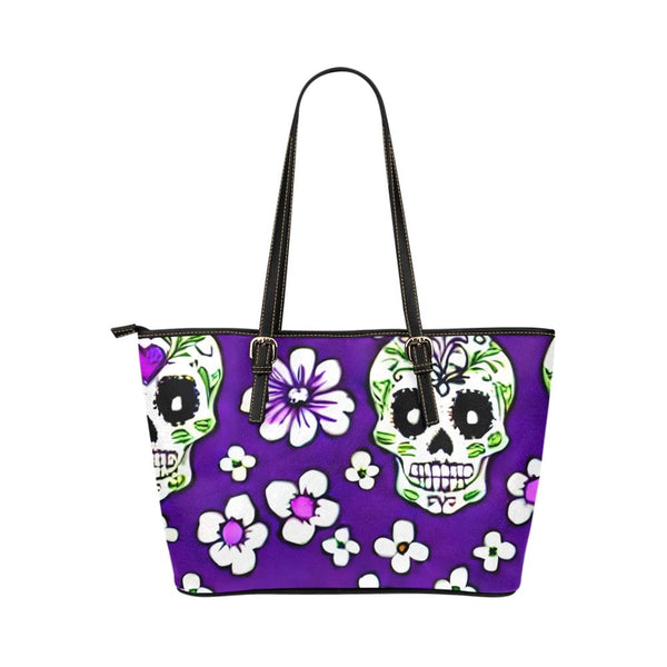 Skull Floral Purple Leather Large Tote Bag