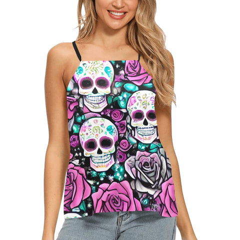 Pink Roses and Skulls Loose Fit Halter Neck Tank Top