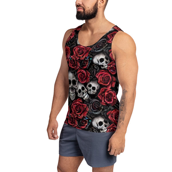 Men's Skull Red And Black Roses Tank Top