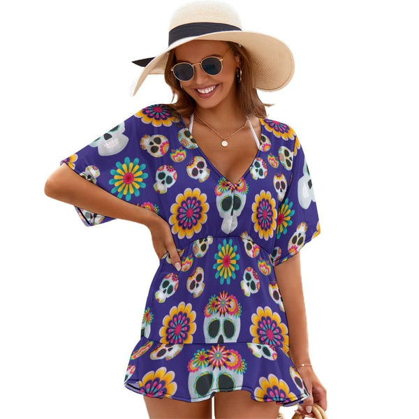 Ladies Mexican Skulls Thin Short Sleeve Beach Cover Up