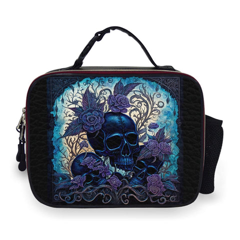 Skull Blue Floral Portable Leather Lunch Bag