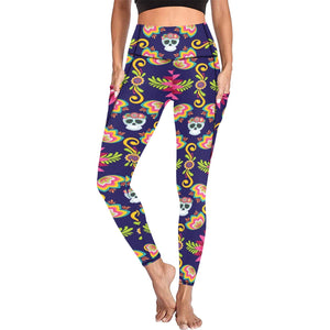 Women's Colorful Floral Skull Pattern Leggings With Pockets