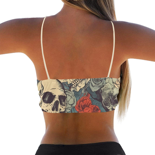 Turn Heads At The BeachIin This Sassy Skull Floral Spaghetti Strap Crop Bikini Top