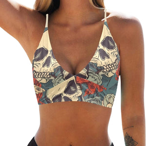 Turn Heads At The BeachIin This Sassy Skull Floral Spaghetti Strap Crop Bikini Top