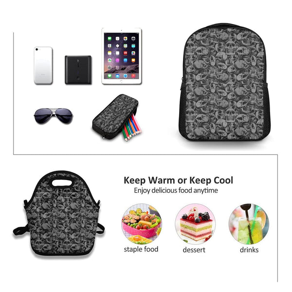 Black Skulls School Bag Meal Bag Pencil Bag Combination Series