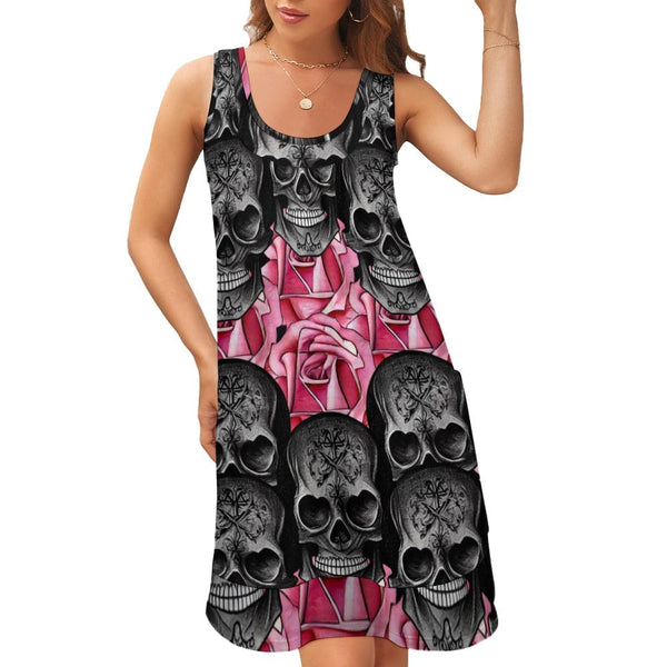Black Skulls Pink Rose Sleeveless U-neck Dress