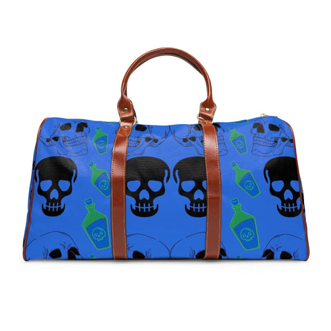 Black Skull Heads Waterproof Blue Travel Bag