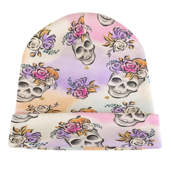 Pastel Skulls With Floral Crowns Printed Knitted Hat