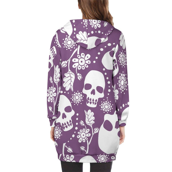 Women's Purple White Skulls Full Print Long Hoodie