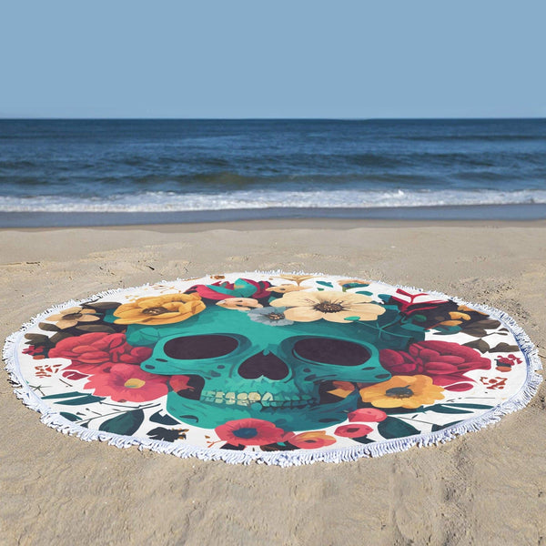 Blue Skull Floral Round Towel With Fringe Edge 59"x 59"