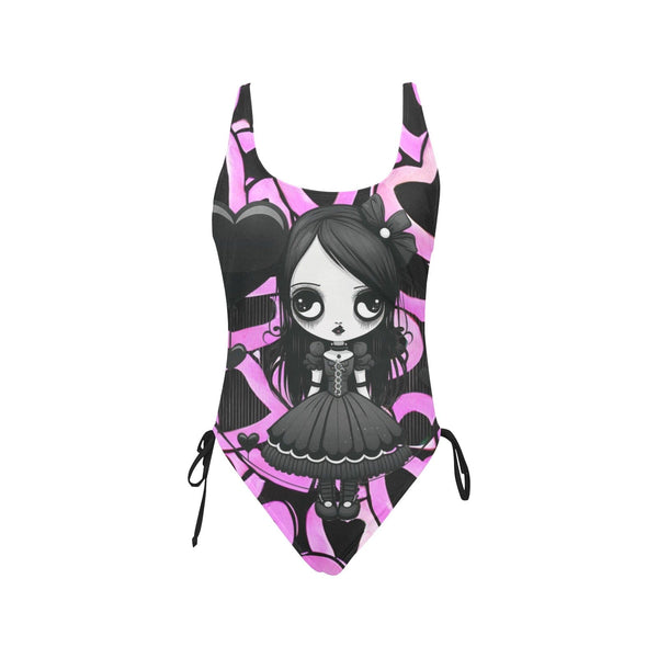 Gothic Girl Pink Hearts One Piece Drawstring Side One-Piece Swimsuit