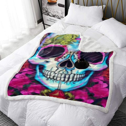 Skull Face Pink Floral Double Layer Short Plush Blanket 50"x60"