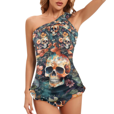 Look Flawless In This Skull & Orange Floral One Piece Women's One Shoulder Backless Swimsuit