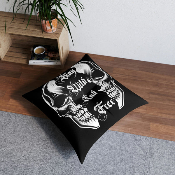 Skull Play Wild And Free Tufted Floor Pillow, Square 2 Sizes