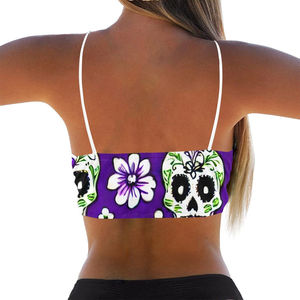 This Classic Bikini Top Features A Bold Combination Of Purple & White Floral Skulls