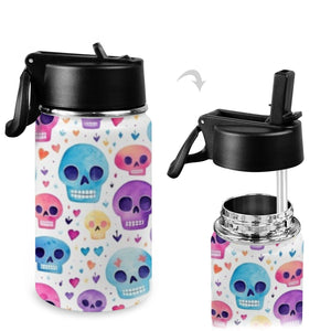 Kids Colorful Skull Water Bottle With Straw & Lid 12 oz