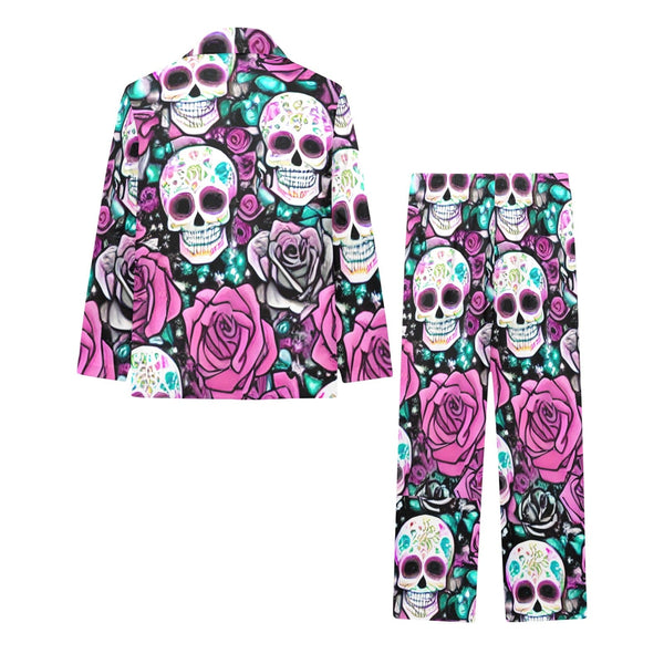 Sugar Skulls Pink Floral Big Girls V-Neck Long Pajama Set