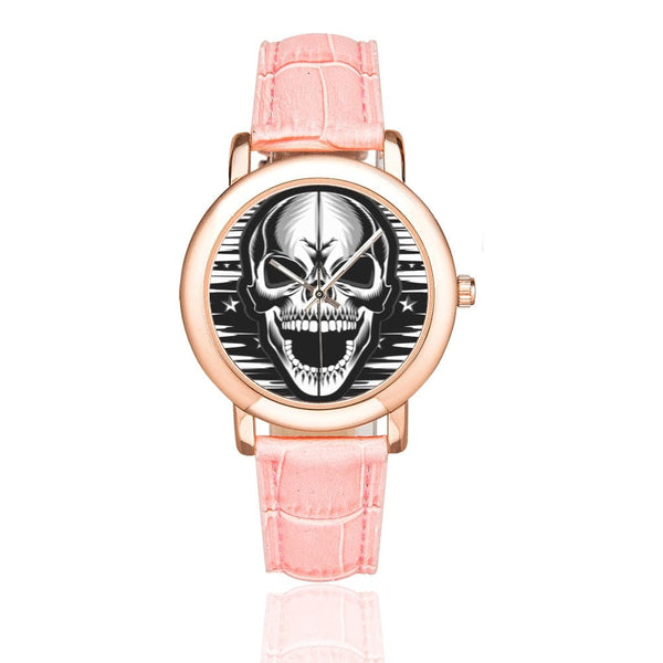 Women's Skull Rose Gold Leather Strap Watch