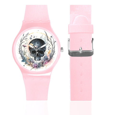 Skull Floral Pink Round Rubber Band Sport Watch