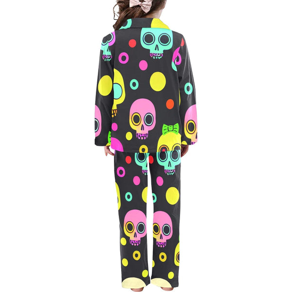 Colorful Skulls Long Sleeve Little Girls V-Neck Long Pajama Set