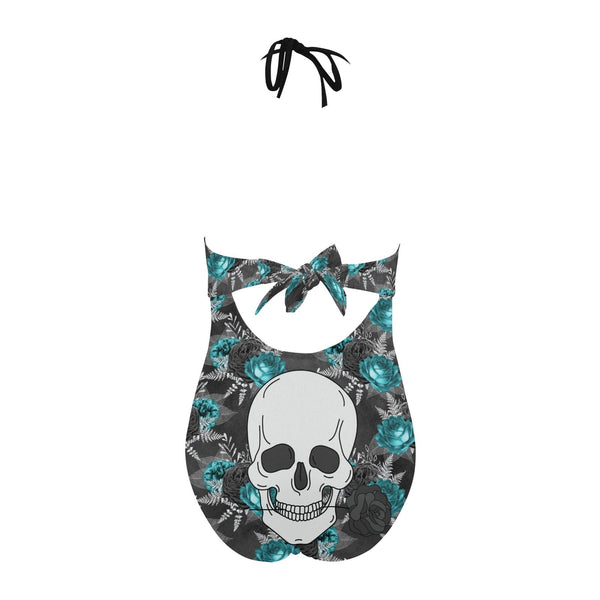 Skull With Rose One Piece Backless Hollow Out Bow Tie Swimsuit