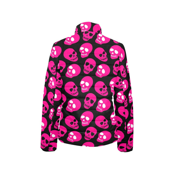 Bright Pink Skull Pattern Women's Stand Collar Padded Jacket