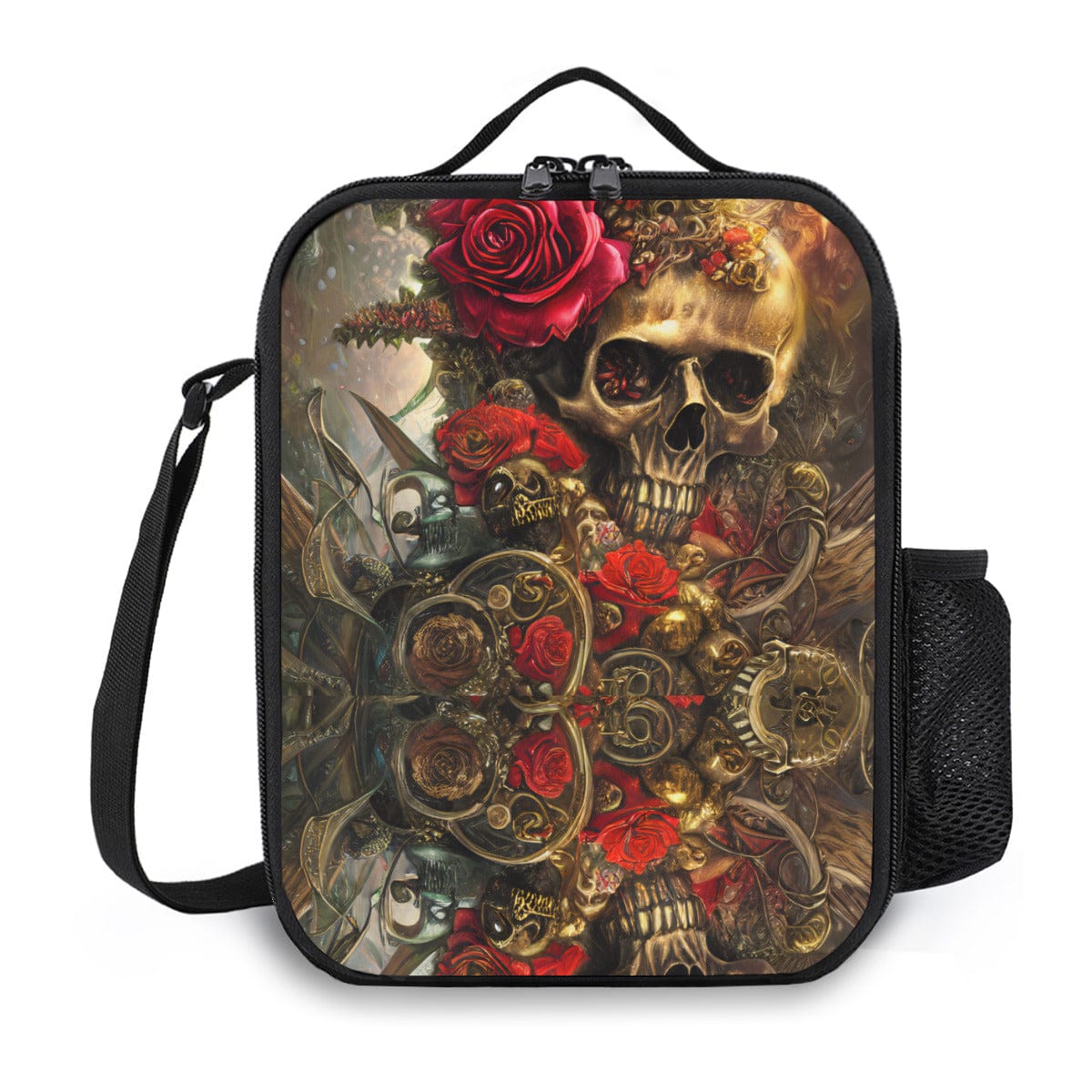 Skull Red Roses Square Insulated Lunch Bag
