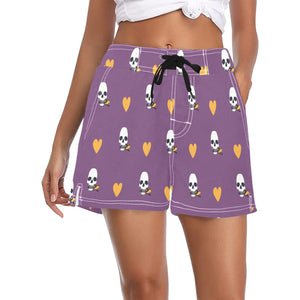 Purple Pattern Skull & Yellow Hearts Women's Casual Board Shorts
