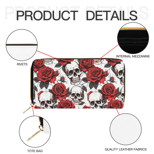 Skull & Red Roses Zipper Wallet with Card Holder