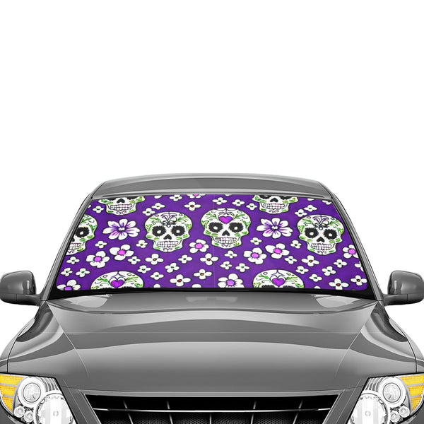 Purple Sugar Skulls Floral Auto Sun Shade 58"x29"